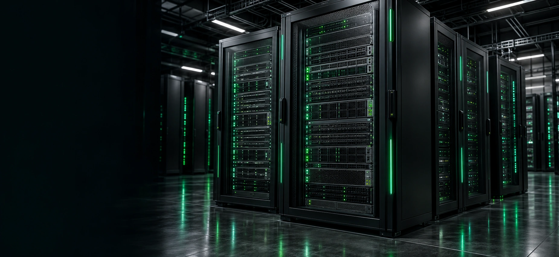 Dark server racks illuminated with emerald green lighting